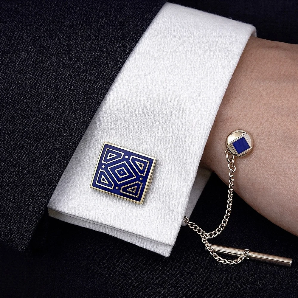 Metropolitan Museum of Art MMA Blue Enamel Cufflinks & Tie Clip Set Geometric